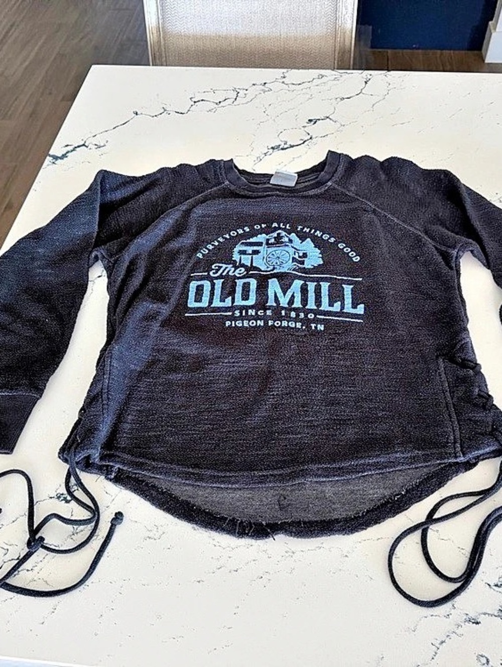 The Old Mill Graphic Sweatshirt charcoal grey corset lace up Sides Medium